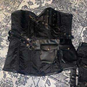 living doll Black Gothic Lace Corset Bodysuit with Faux Leather Utility Pockets